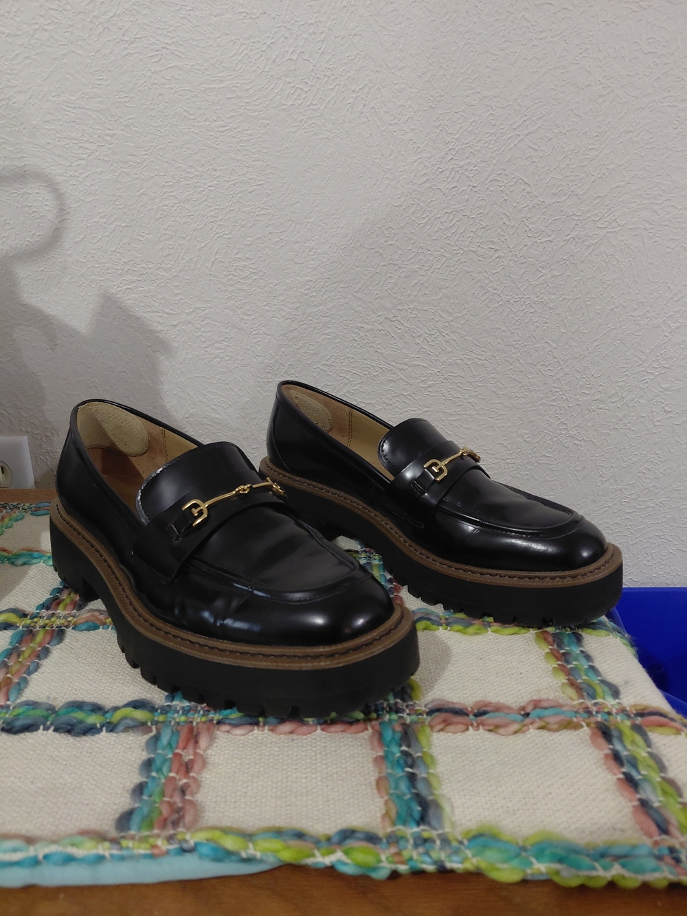 Sam Edelman Black Leather Platform Loafers with Gold Bit